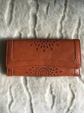 Orange Cognac Vegan Leather Continental Wallet Trifold Clutch